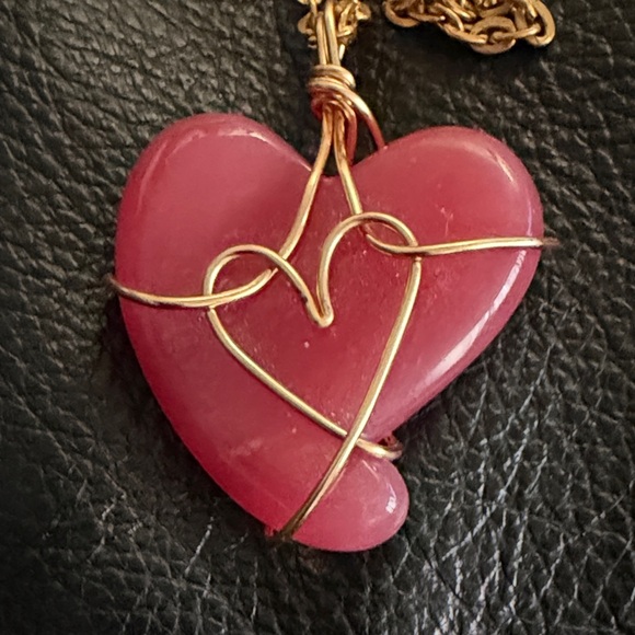 Gold and Pink Rhodonite Heart Pendant Necklace - Picture 2 of 5